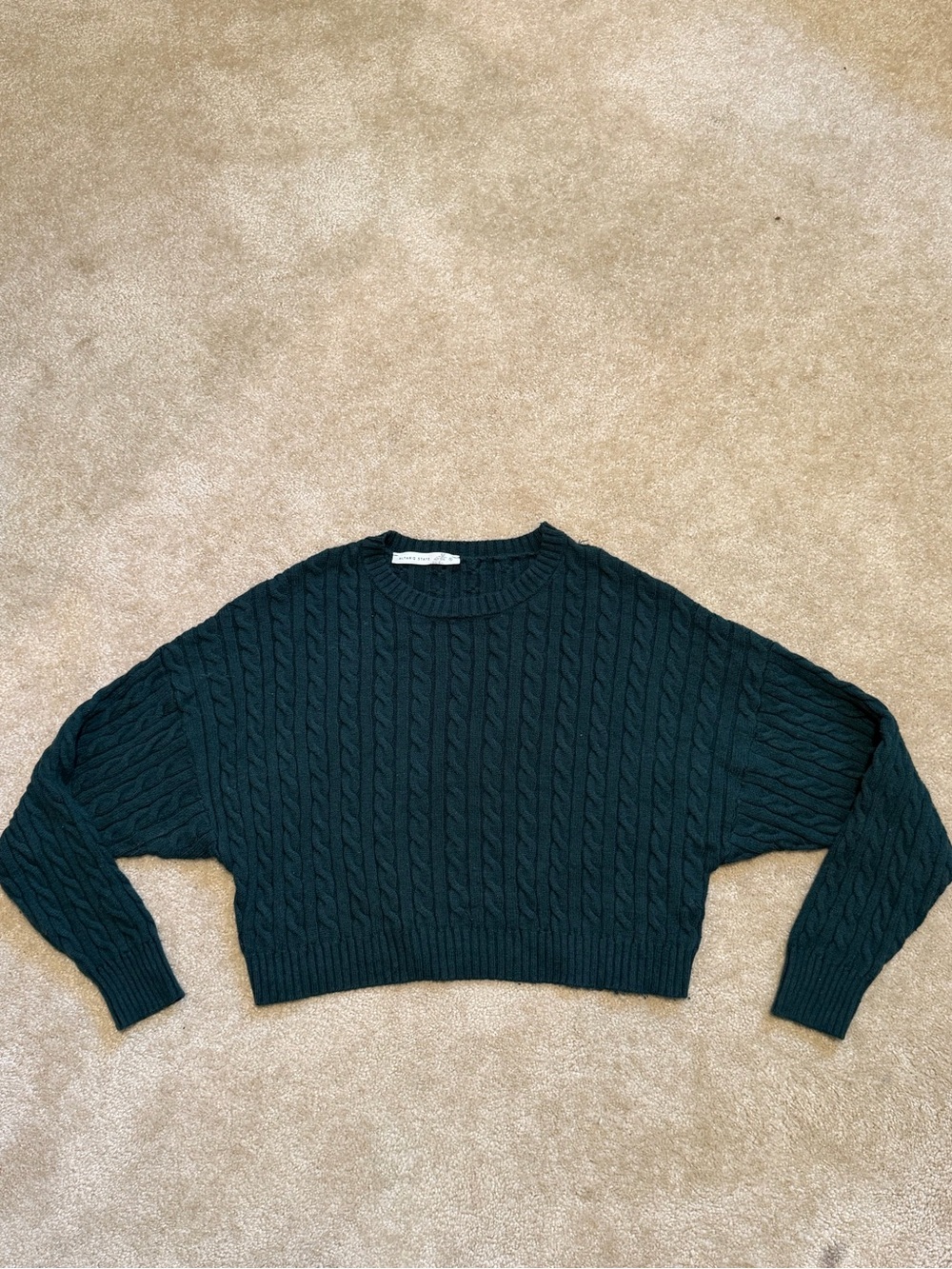 Altar'd State Dark Green Cable Knit Cropped Crew Sweater
